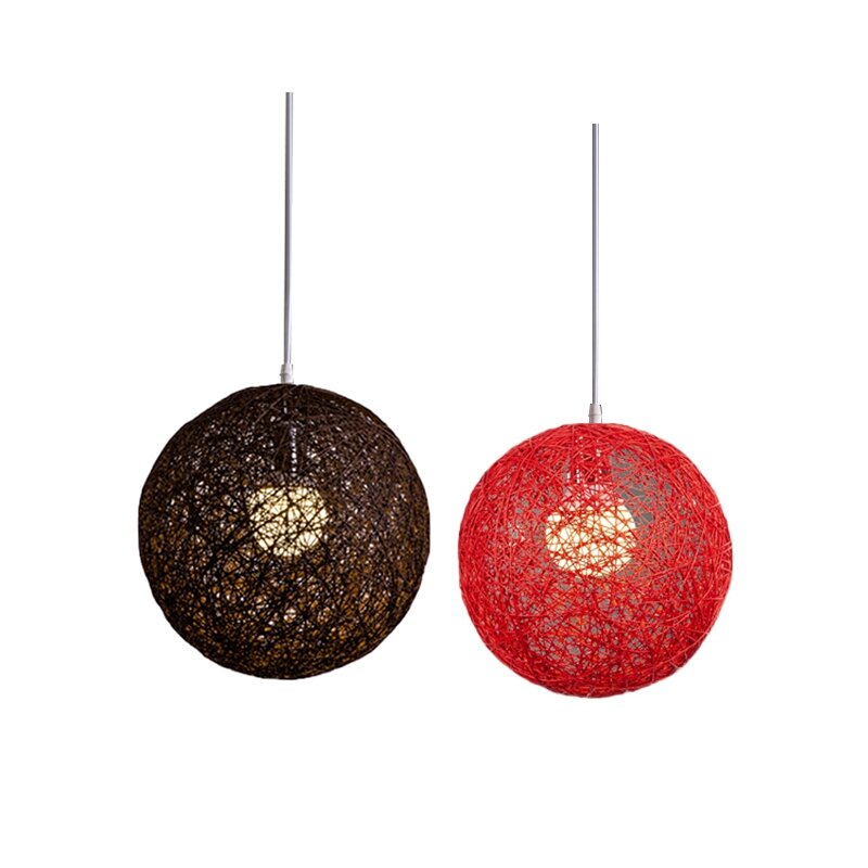 Rattan e cânhamo bola lustre, esférico bambu ninho abajur, criatividade individual, vermelho e café, 2 pcs