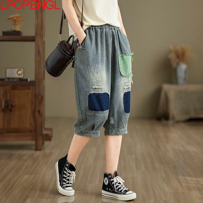 New Embroidered Patch Denim Harem Pants Summer 2024 New Women's Loose High-waisted Knee-length Trousers Patchwork Straight Jeans