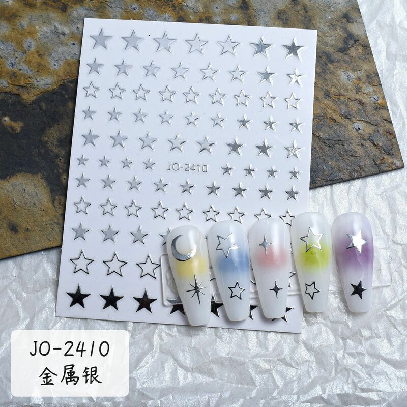 6Pcs/set Metal Mirror Silver Star Nail Art Sticker Bronzing Sun/Moon/Star Nail Decal Self-Adhesive Laser Star Manicure Slider