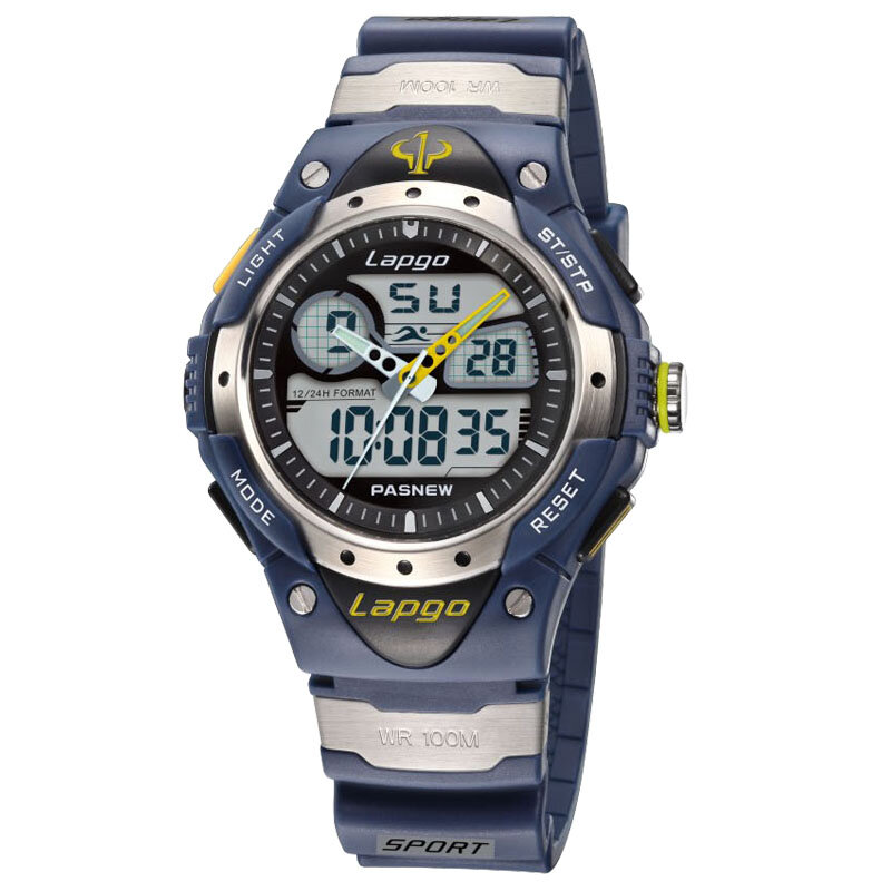 ด้านบนแบรนด์ PASNEW นาฬิกาผู้ชายมืออาชีพกีฬานาฬิกาแบบ Dual Display Analog นาฬิกาควอตซ์ดิจิตอล100เมตรกันน้ำ Dive Watch