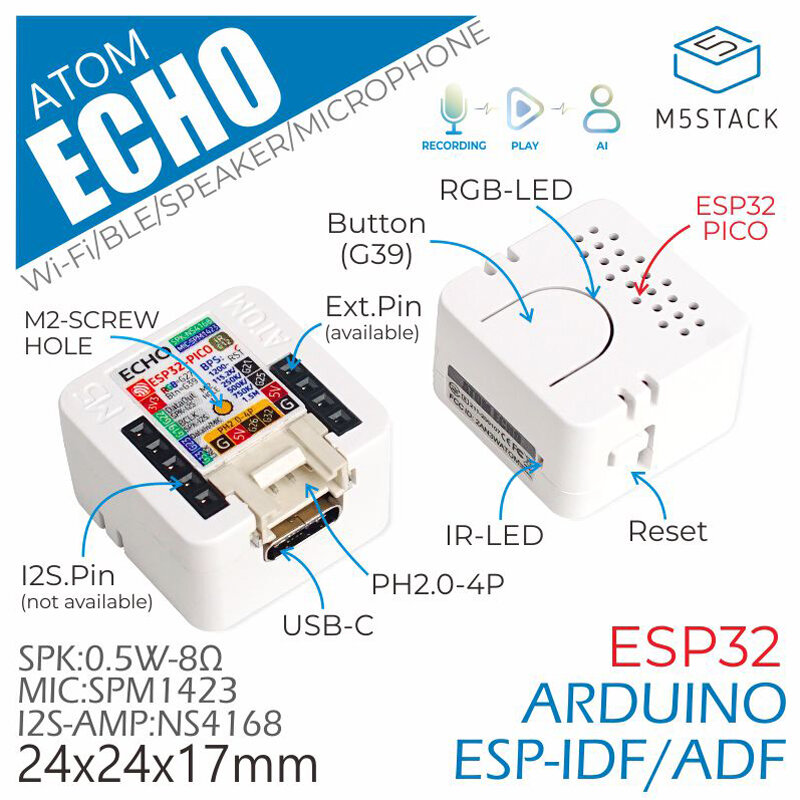 M5Stack ATOM Echo Alto-falante inteligente programável, compacto leve, suporta serviço STT, ESP32 embutido, Bluetooth, Internet Wi-Fi