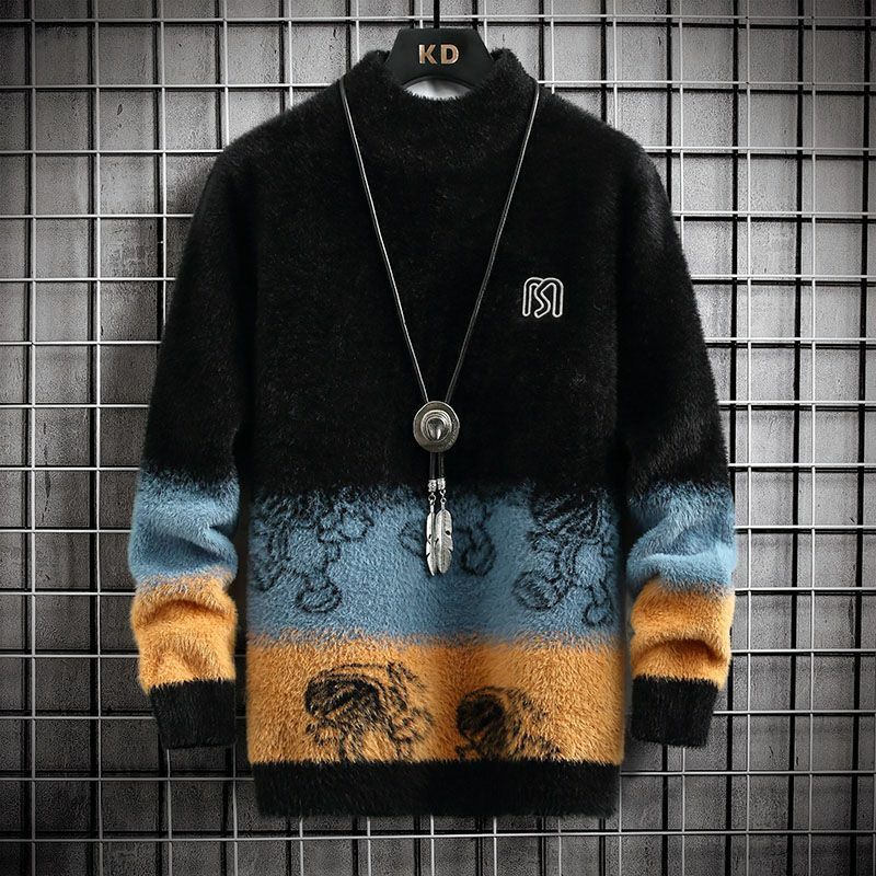 Мужской трикотажный свитер с воротником-стойкой, Повседневный пуловер оверсайз с завязками, теплая одежда, осень 2022