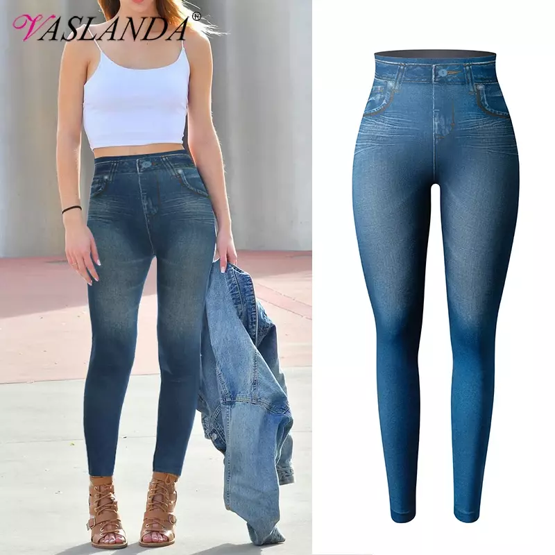 Leggings femininas de jeans falso, cintura alta, controle de barriga, finas, calças lápis estampadas, calças skinny sem costura