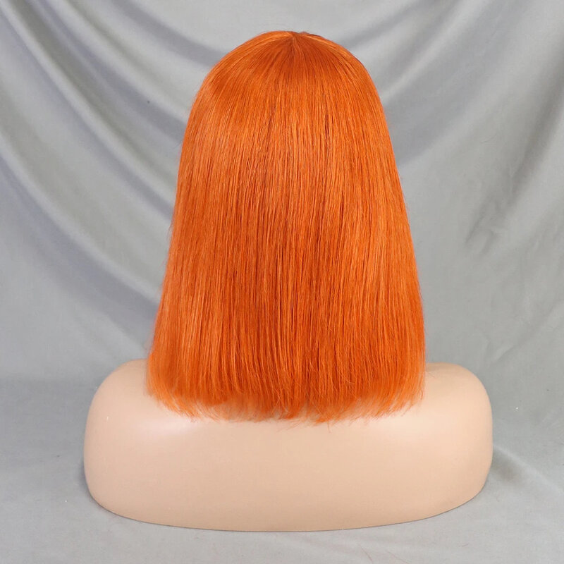 Wig jahe oranye lurus penuh buatan mesin dengan poni rambut manusia Bob pendek untuk punggung wanita mulus rambut Remy Brasil