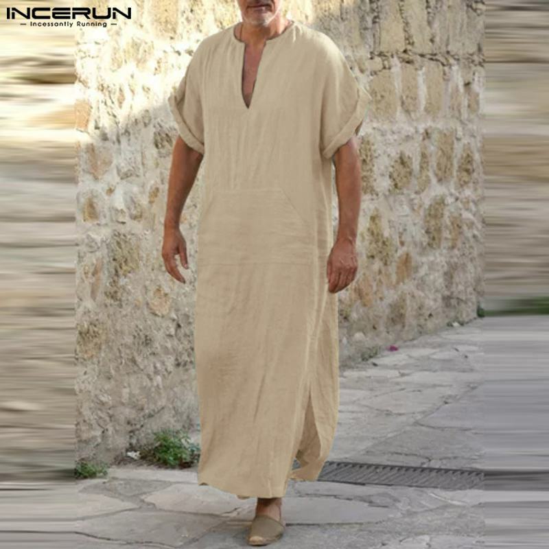 INCERUN 2023 Men Muslim Kaftan Solid Cotton Jubba Thobe V Neck Short Sleeve Islamic Arabic Men Caftan Pockets Retro Abaya S-5XL