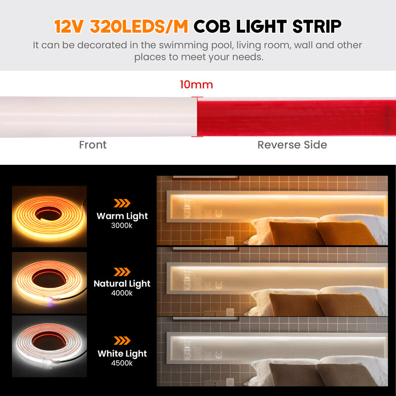 Solar LED Strip para exterior, impermeável, fita LED COB, alta densidade, fita flexível, guirlanda de luz, IP68, 320LEDs por m, 12V