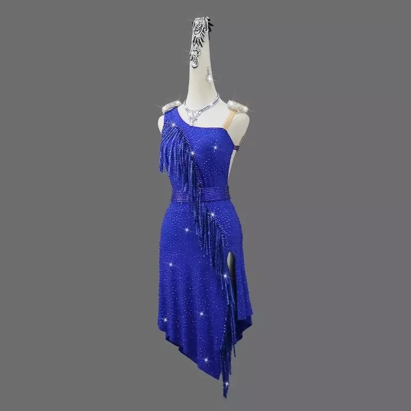 Niebieska sukienka na konkurs tańca Latin kobiety wieczorowa, krótka spódnice liniowe garnitur do ćwiczeń balowych ubrania damskie kostium na studniówkę