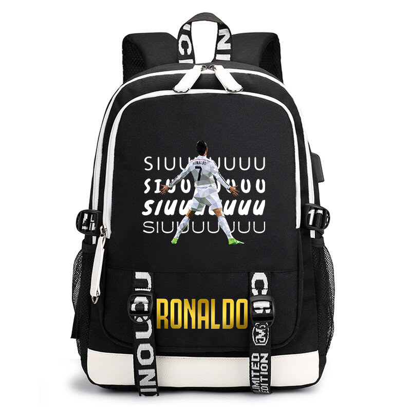 Ronaldo tas sekolah motif, tas ransel anak-anak kampus, tas bepergian luar ruangan usb, tas kasual hitam