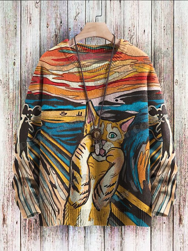 Jersey de punto con estampado 3D de gatito Retro para hombre, suéter de punto informal Unisex, arte de gato Vintage, comer Pizza, invierno, ZZM86