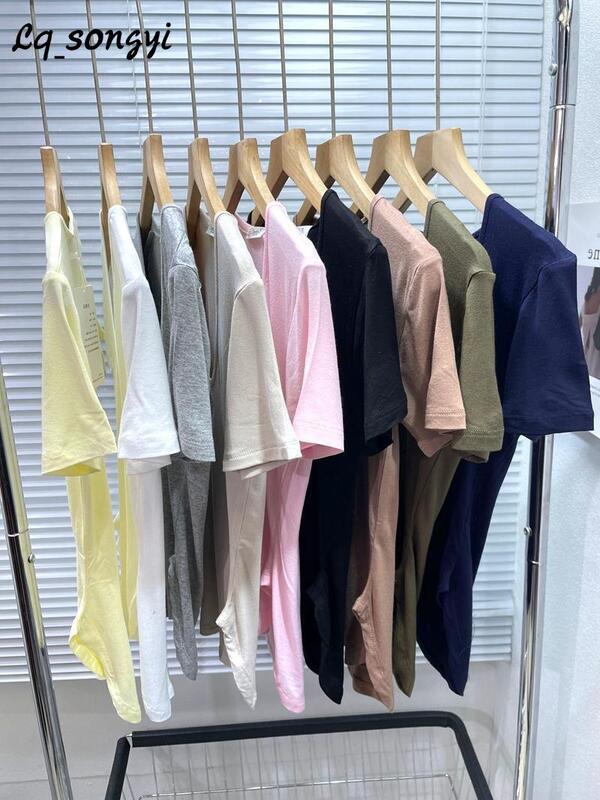 Lq_songyi Base Slim Scoop Neck T Shirts Women 2024 Spring Summer High Stretch Short Sleeve Top See-through Solid Thin T Shirt