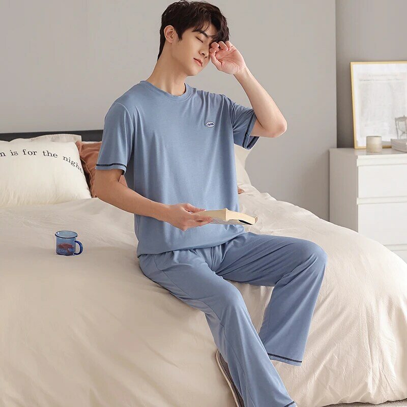 Conjunto de pijama modal macio masculino, tops simples de manga curta, calças compridas, pijamas para casa, pijamas da moda masculina, verão
