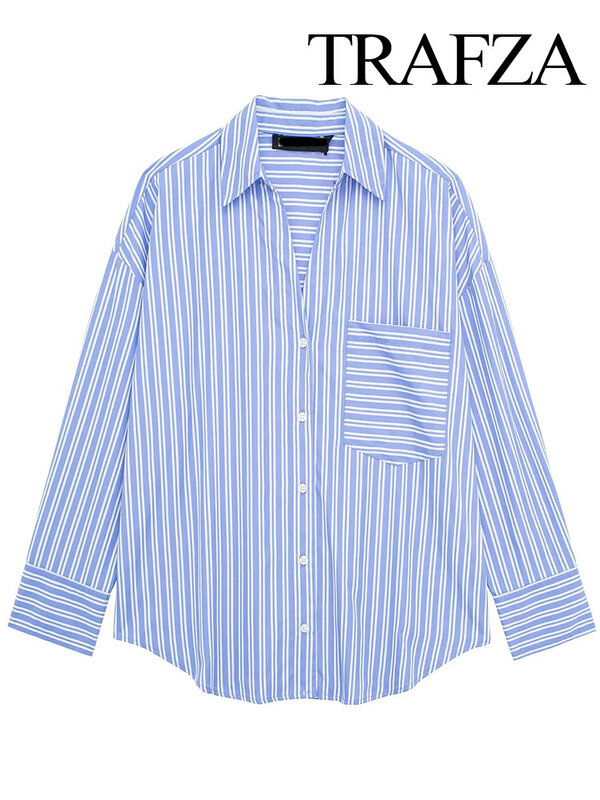 Trafza-フラップカラーのシャツ,シングルブレストのトップス,長袖,十分なストライプのポケットの装飾,夏のファッション