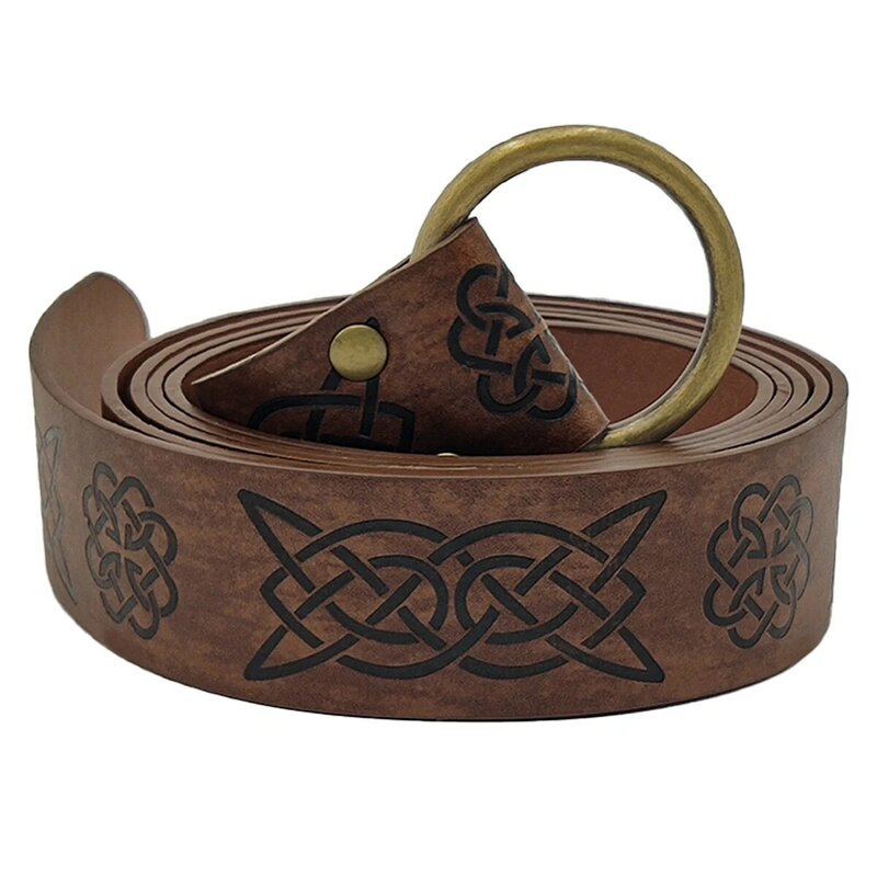 Medieval Embossed Vegvisir PU Leather O Ring Belt Retro Buckles Belt Waistband for Men Dark Brown
