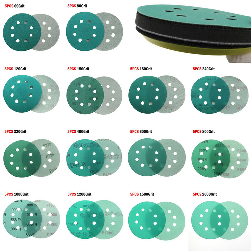 Dischi abrasivi a 8 fori da 5 pollici Hook & Loop Wet Dry PET Film carta vetrata verde lucidatura strumento di lucidatura domestica accessori di ricambio
