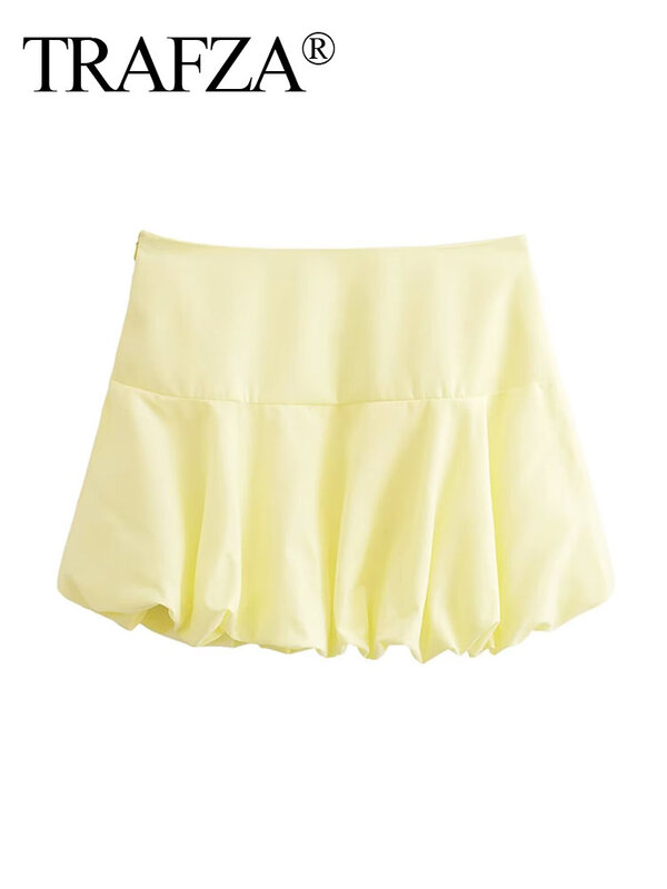 TRAFZA-Mini jupes plissées taille haute pour femmes, jupes courtes, décoration, fermeture éclair, mode estivale, couleur jaune, 2024