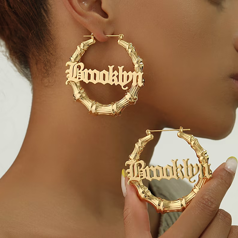 Bamboo Custom Name Earrings 50mm 80mm 100mm Big Hoop Earrings for Women Gold Stainless Steel Jewelry Personalized Christmas Gift