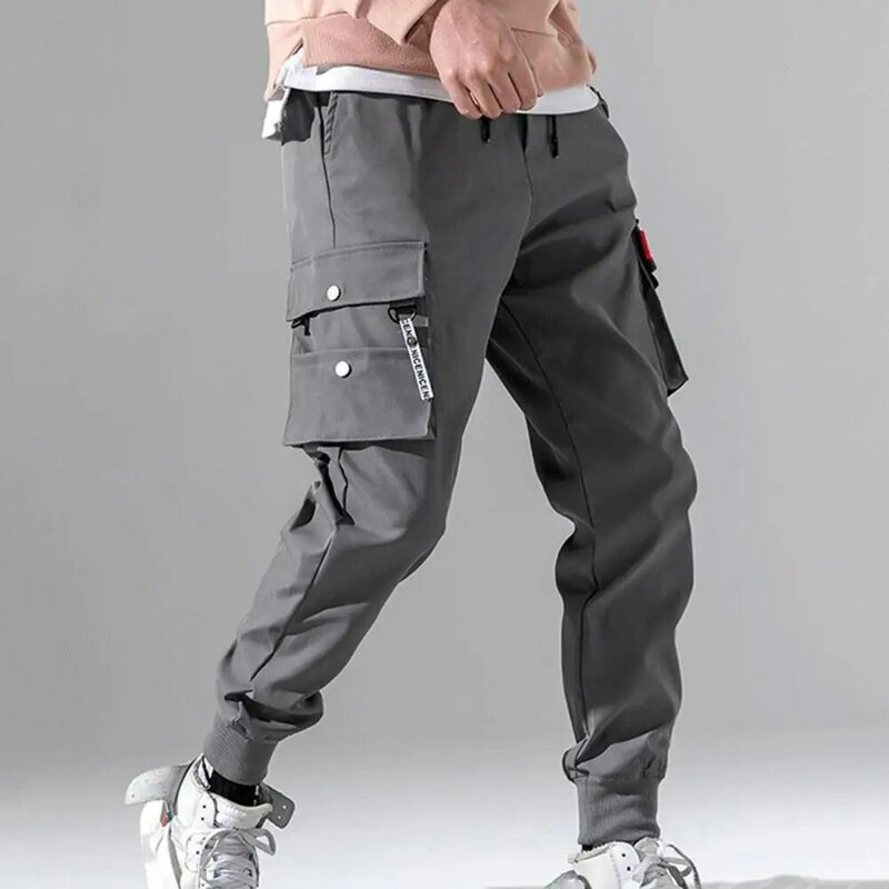 Mid-Rise Elastic Waistband Drawstring Shrinkable Cuffs Men Sweatpants Multi Pockets Solid Color Casual Cargo Pants