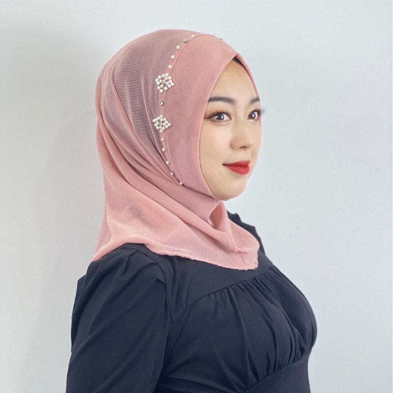 Muslim Hijab Tueb Turban Pull On Ready Made To Wrea One Piece Amira Pearls Beads Headscarf Instant Shawl Wrap Islamic Pray Hat