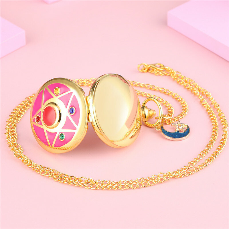 Kreative japanische Cosplay Anime Pentagramm/Mond/Katze Design Frauen Mädchen Quarz Taschenuhr Halskette Pullover Kette Uhr Geschenk