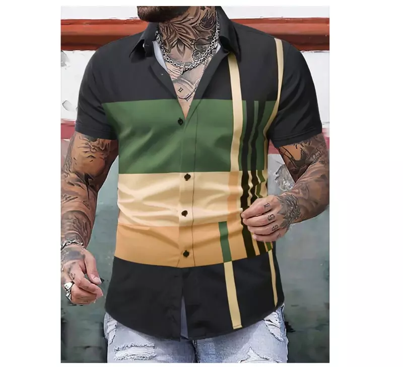 New men's shirt splicing graffiti 3D printing lapel button up shirt summer fashion leisure vacation short sleeved men's clothing