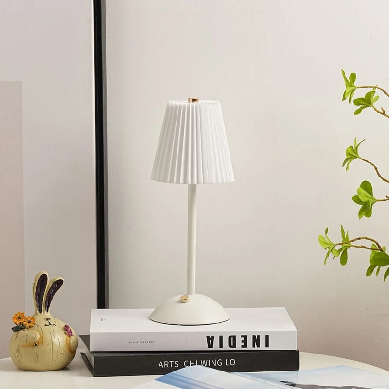 Pleated Shade Nightstand Lamp with Metal Base Nordic Creative Lamps Rechargeable 3 Colors Dimmable for Living Room Bedroom