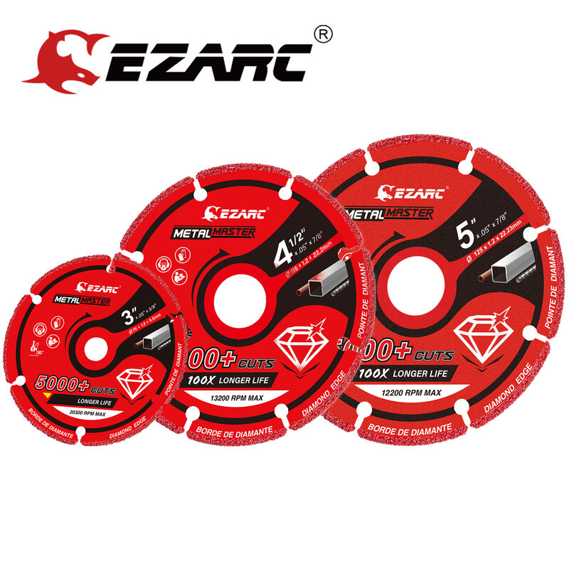 EZARC Diamond Cutting Wheel 3 x 3/8 Inch, 4-1/2 & 5 x 7/8 Inch for Metal, Cut Off Wheel with 5000+ Cuts on Rebar Steel Iron INOX