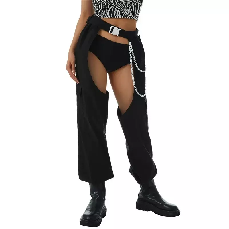 Женские длинные брюки с открытой промежностью, однотонные черные брюки с высокой талией, без промежности, с поясом-цепочкой, женские сексуальные брюки с открытой промежностью для ночного клуба MYQH05