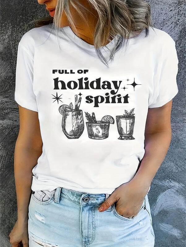 Camiseta casual estampada para beber e letras, blusa feminina de manga curta com gola redonda, roupas para primavera e verão