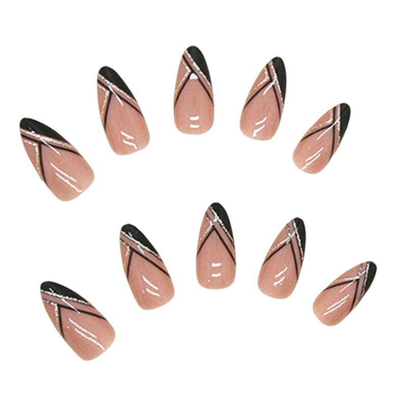 Uñas postizas de línea Diagonal negra aptas para curvatura de uñas femeninas para estudiantes, decoración diaria de uñas