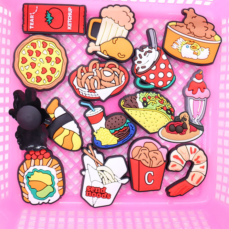 Dijes de PVC de dibujos animados para zapatos, comida Kawaii, Pizza, Ketchup, pollo frito, cerveza, camarones, café, bebidas, hamburguesas, Sushi, Cocodrilo, 1 ud.