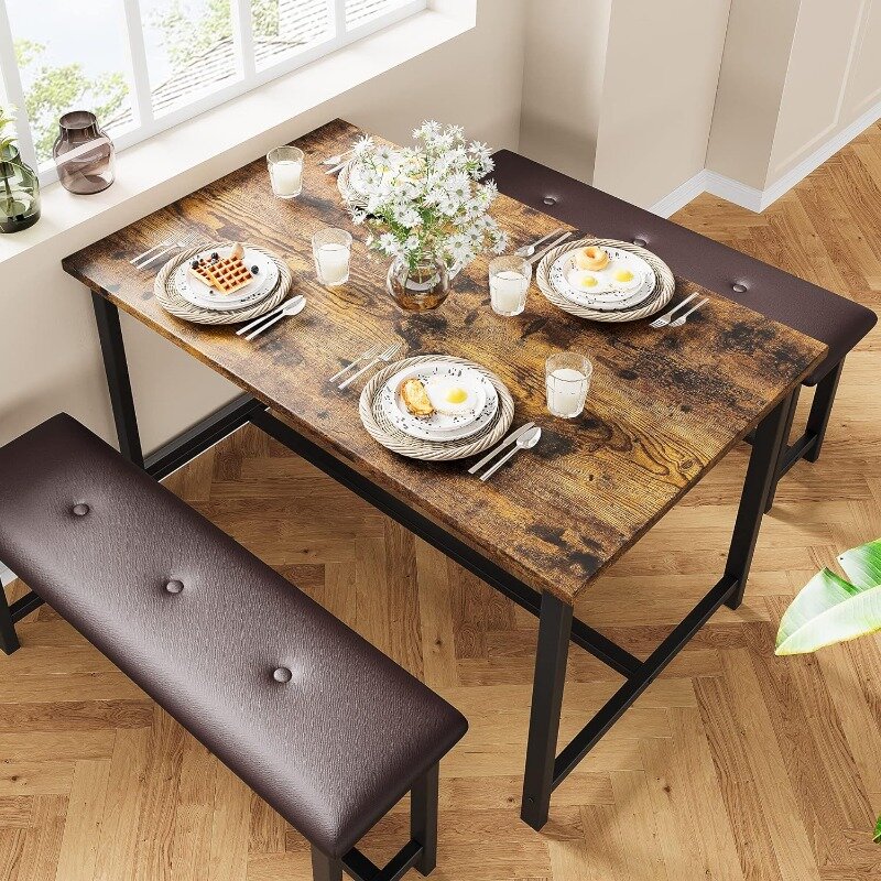 LISM-Juego de mesa de comedor Rectangular con bancos tapizados, juego de mesa de cocina, 4 piezas