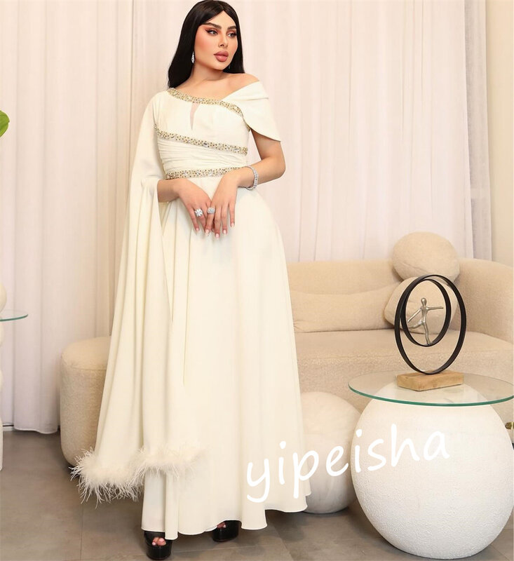 Jiayigong  Satin Draped Feather Beading Engagement A-line Off-the-shoulder Bespoke Occasion Gown Midi Dresses