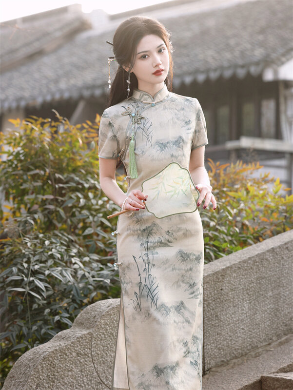 Женское платье-Ципао с коротким рукавом, элегантное вечернее праздничное платье в китайском ретро-стиле с принтом чернил, 2024
