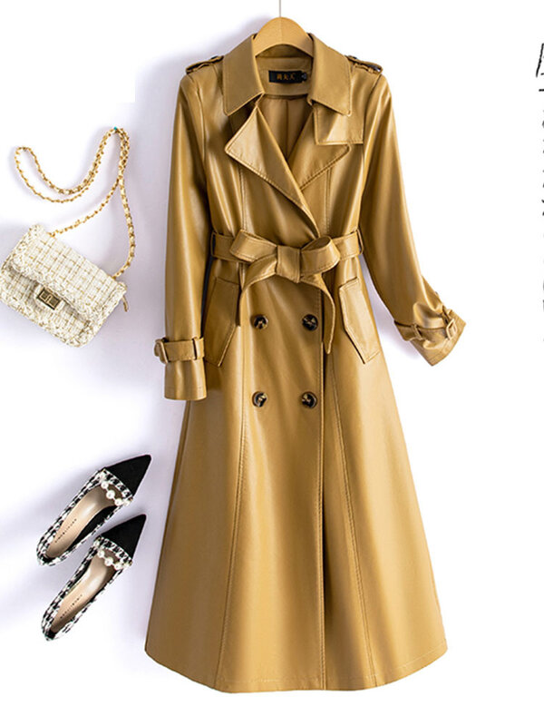 Casacos de trincheira de couro genuíno feminino, elegante outwear feminino, cinto com renda, comprimento médio, pele de carneiro real, outono, inverno, 2022