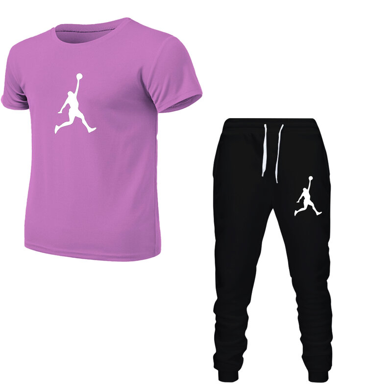 男性用の快適な半袖Tシャツとロングパンツ,カジュアルなスポーツウェア,2ピースセット