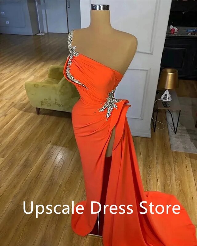 Exquisite Orange Long Evening Dress  One Shoulder Beaded with High Slit Arabic Women Prom Dresses vestidos فساتين السهرة