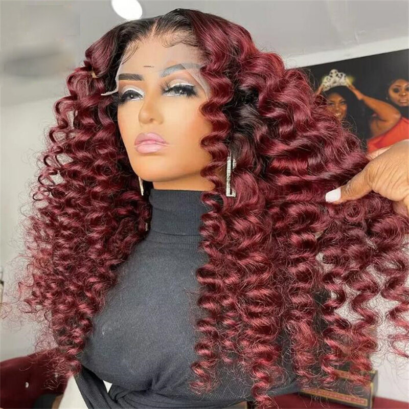Ombre Wine Soft 26''Long 180Density Deep Curly Lace Front Wig For Women Babyhair Preplucked Glueless Heat Resistant Daily Wig