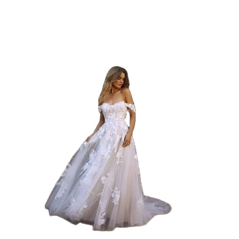 Iluzoryczne suknie ślubne w stylu boho kobiety eleganckie 2024 linie z tiulem z aplikacją na ramię bez pleców, długa letnie suknie ślubne na plażę
