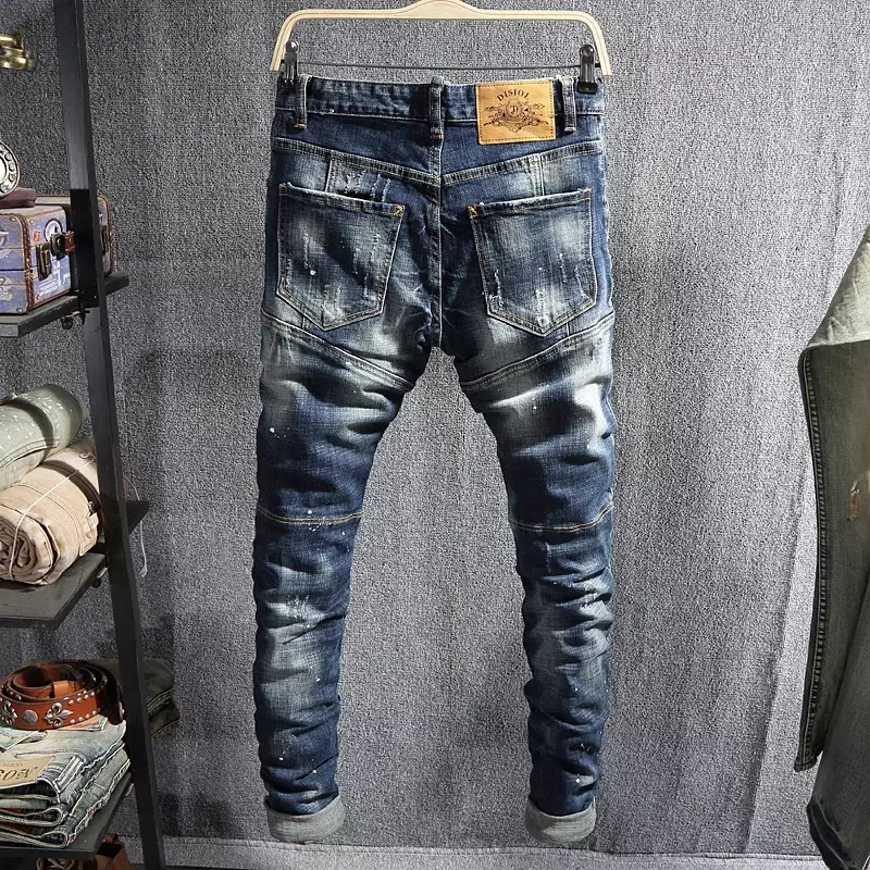 Projektant mody męskie dżinsy niebieskie w stylu Retro Slim Fit Stretch porwane jeansy męskie spodnie dziura Hip Hop połatane Denim spodnie motocyklowe Hombre