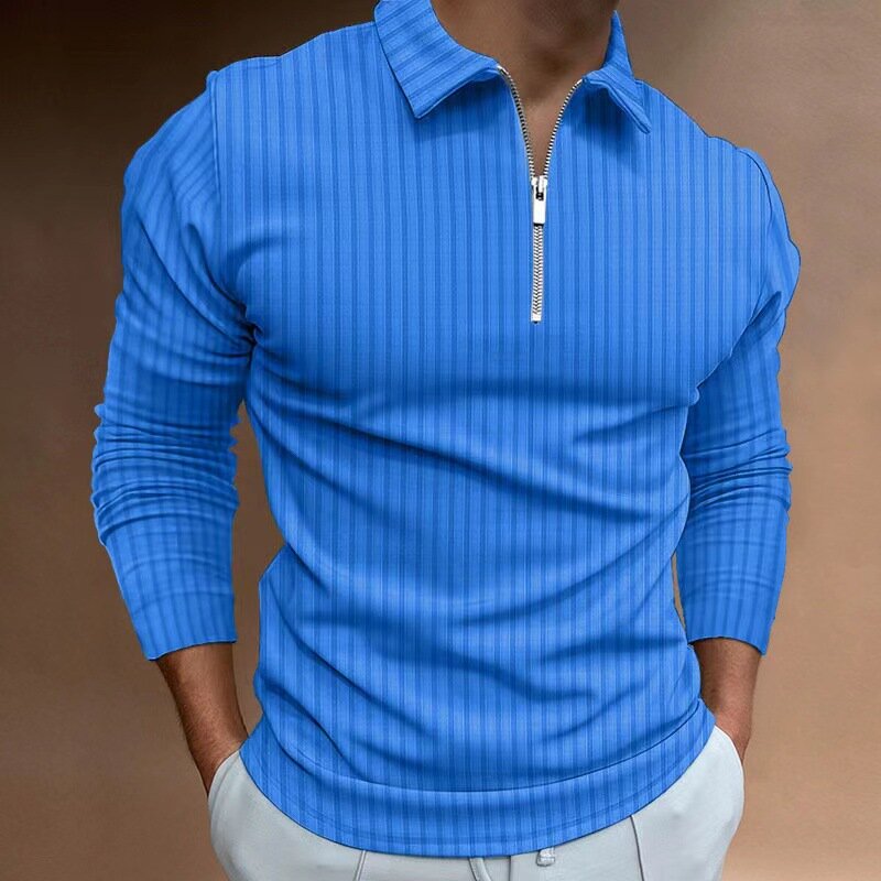 Camisa polo com zíper de manga comprida masculina, camisa esportiva casual com gola de lapela, elegante, venda quente