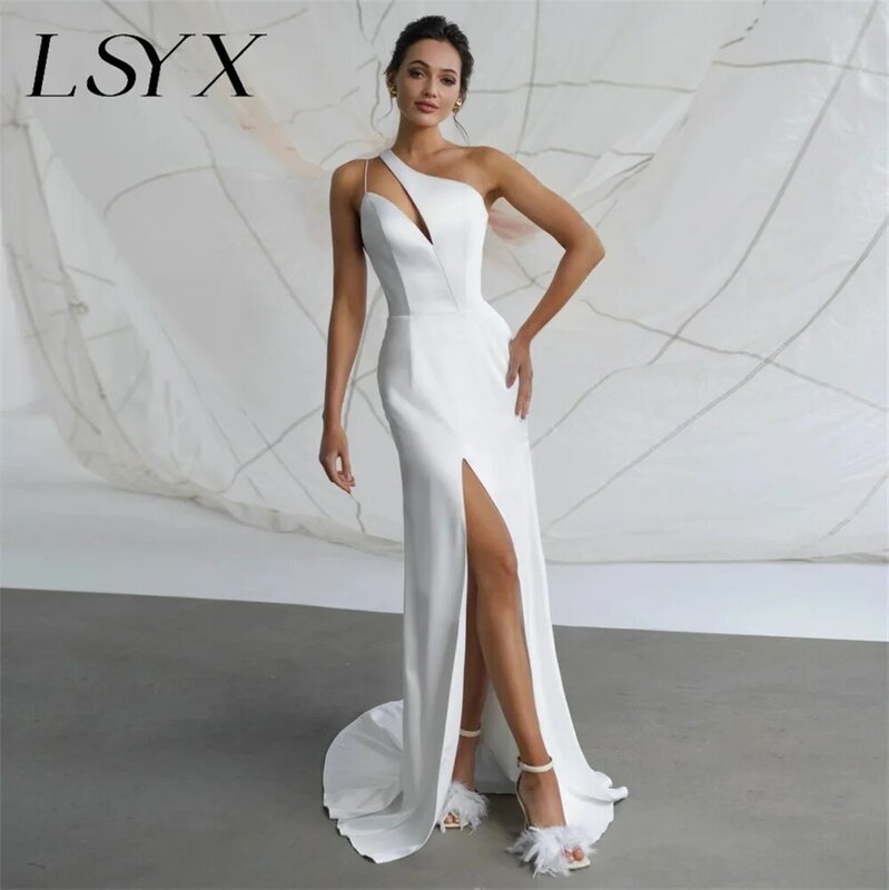 LSYX-فستان زفاف حورية البحر بدون أكمام بكتف واحد بسيط ، فستان زفاف ذو فتحة جانبية عالية ، ظهر مفتوح ، طول الأرض ، مصنوع حسب الطلب
