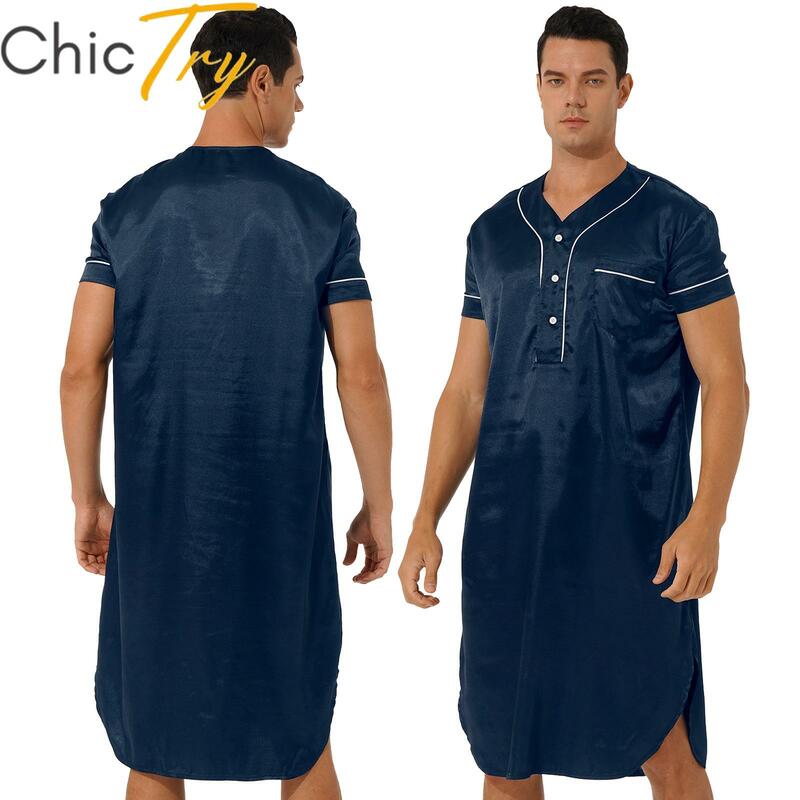 Chemise de nuit en satin à manches courtes pour hommes, chemise de nuit boutonnée, ourlet incurvé, pull, vêtements de nuit, robe avec poche