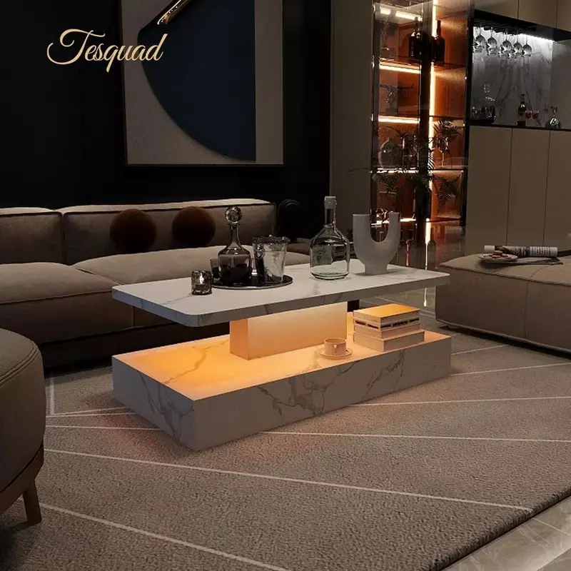 (Frühlings verkauf) LED Couch tisch Marmor Couch tisch mit Hochglanz oberfläche, moderner weißer Couch tisch