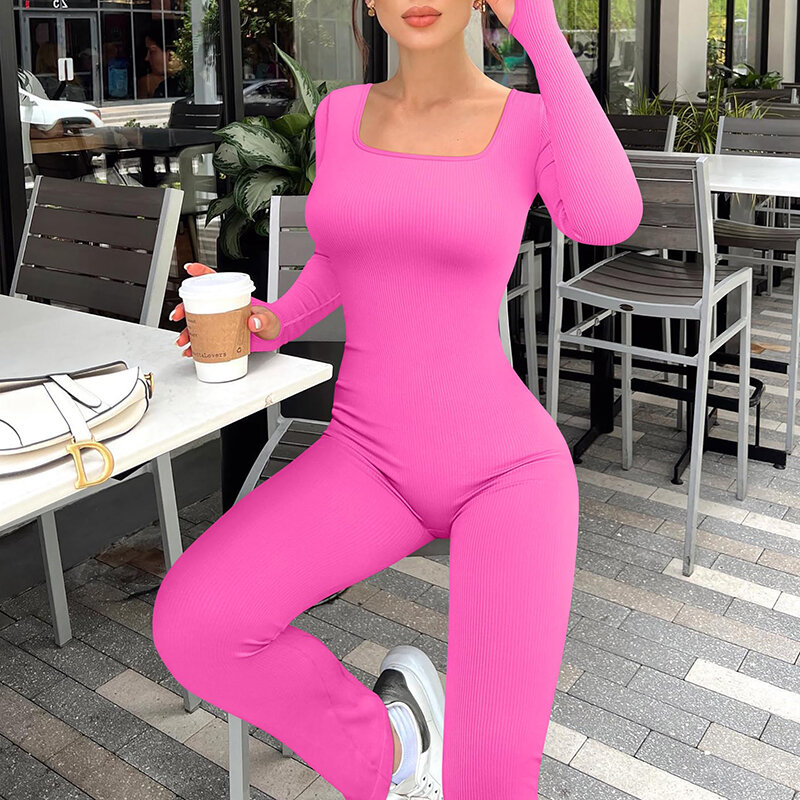 Women Yoga Jumpsuits Ribbed Exercise Long Sleeve Tops Bell Bottoms Flare Jumpsuits
