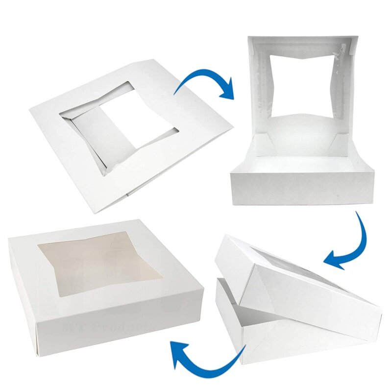صندوق فطائر للمخبوزات بنافذة ، عبوة بيضاء من الورق المقوى ، كب كيك ، معجنات ، مطعم ، 10 × 10 × ، منتج مخصص