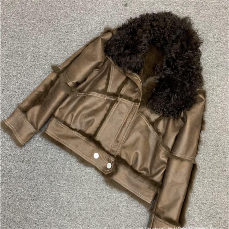 女性のためのレトロなスタイルの毛皮のジャケット,ラムウールの襟,ウサギの毛皮,冬