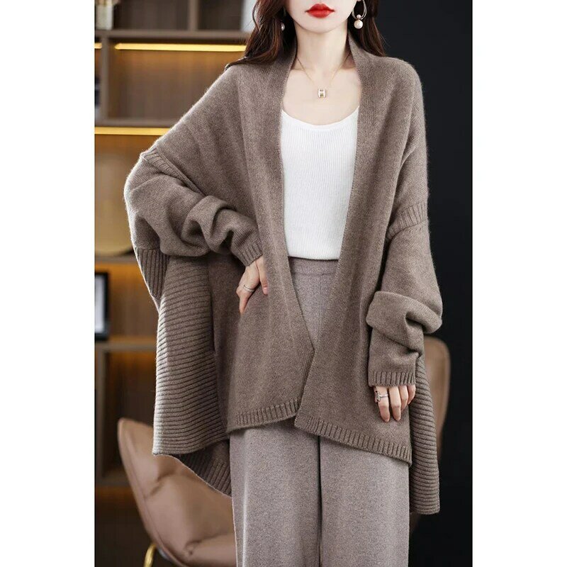 Cardigan de caxemira macio para mulheres, 100% lã merino, casaco feminino, xale malhas, tops populares coreanos Grace, outono e inverno, novo
