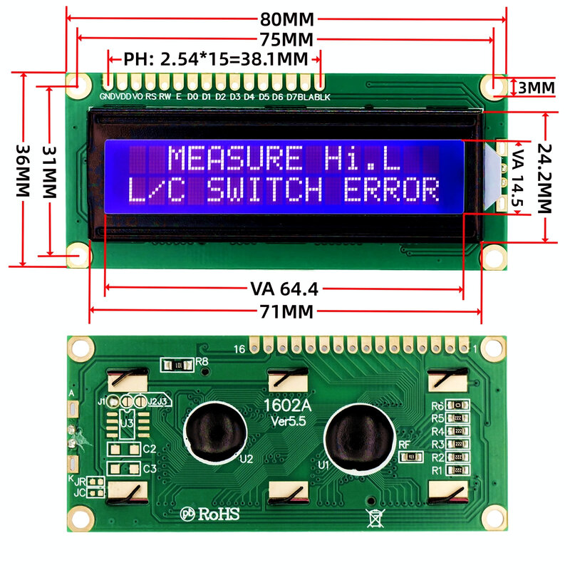 ЖК-модуль LCD1602 1602, ЖК-дисплей с 16x2 символами, PCF8574T, PCF8574, интерфейс IIC I2C, 5 В, синий/коридор для Arduino