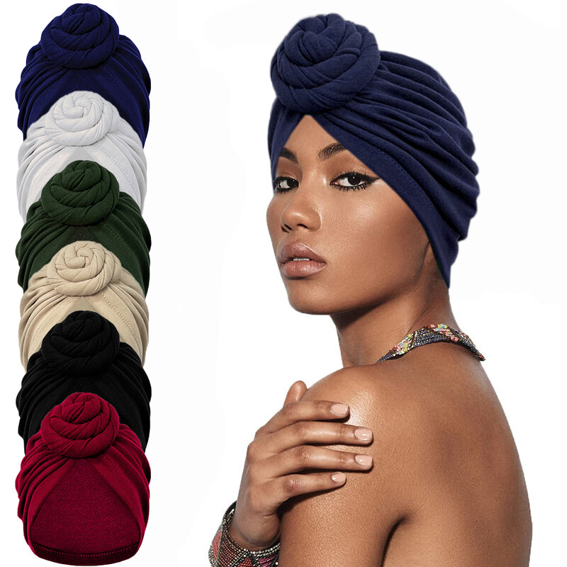 Moslim Tulband Hoed Top Knoop Bloem Decor Headwrap Mode Vrouwen Afrikaanse Muts Muts Muts Hoofddoek Chemo Dames Haarcover