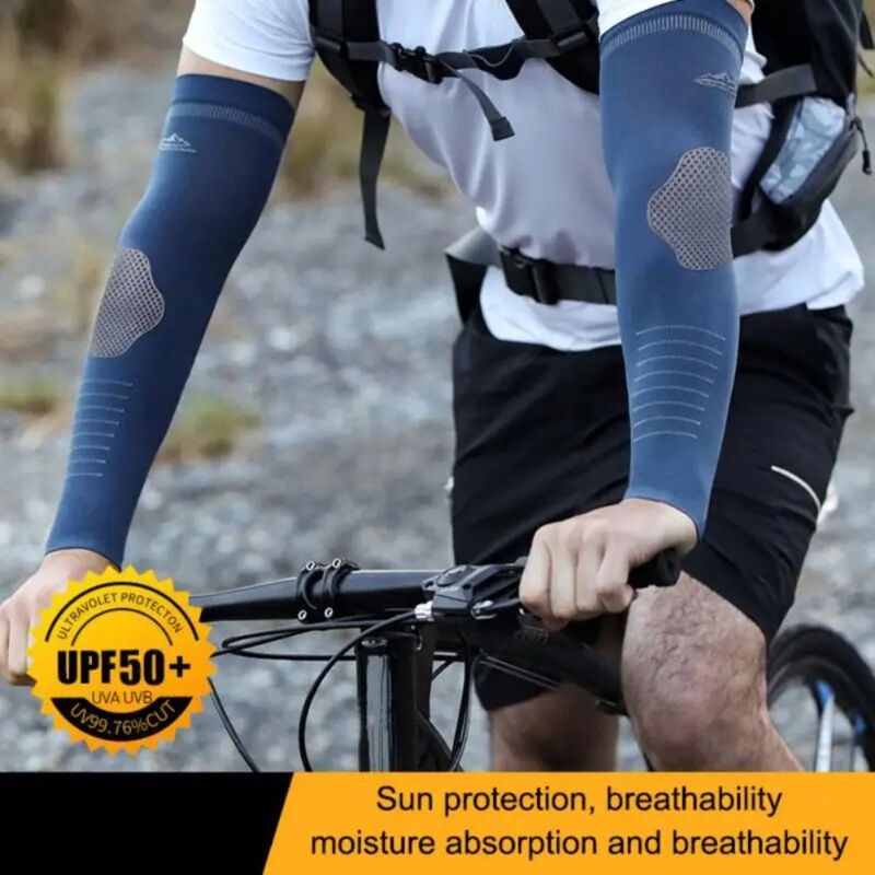 ปลอกแขนกันแดดผ้าไอซ์ซิลค์ดูดซับเหงื่อแห้งเร็วสำหรับผู้ชายอุปกรณ์ป้องกันแขนผ้ายืดระบายอากาศได้ดี2ชิ้น